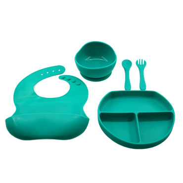 Set 5 piese diversificare bebelusi si copii din silicon Cyrax, baveta, farfurie compartimentata cu ventuza, bol cu ventuza, tacamuri, fara alergeni, verde