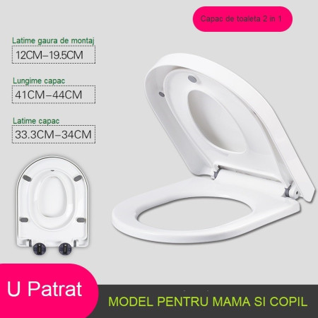 Capac de Toaleta cu Reductie 2 in 1, Cyrax, pentru Copii si Adulti, Coborare Lenta si Silentioasa, Instalare Usoara, din PP5 , in Forma de U Patrat, Alb
