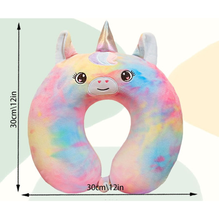 Perna de Calatorie in Forma de U,  Pentru Gat si Cap, Umplutura din Spuma cu Memorie, 30x30 cm, Model Unicorn, Accesoriu de Voiaj, Birou, Masina, Sistem Prindere Capse, Multicolor