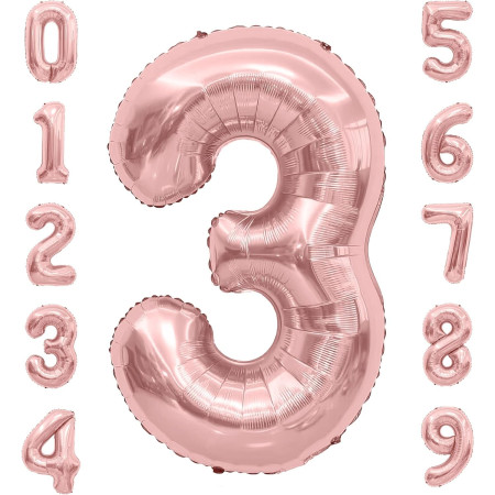 Balon din Folie Metalizata Cyrax, Figurina Cifra, Tema Aniversare 80 cm, Ambalaj Individual, Pai inclus, Umflare cu Aer sau Heliu, Rose Gold, Cifra 3