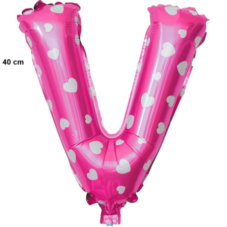 Balon Folie Metalizata Litera V, Cyrax, 40 cm, Cu Imprimeu Inimioare, Umflati cu Heliu sau Aer, Ambalaj Individual, Pai inclus, Roz