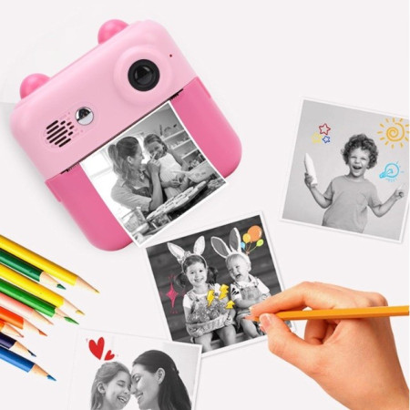 Camera Instantanee pentru Copii, Cyrax, cu Functie de Printare, Cablu USB-C, Bluetooth, compatibil iOS/Android, Imprimare APP, Model Urechi, Snur Subtire Inclus, Roz
