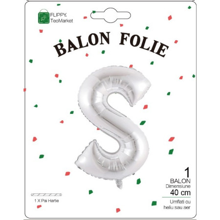 Balon Folie Metalizata Litera S, Cyrax, 40 cm, Umflati cu Heliu sau Aer, Ambalaj Individual, Pai inclus, Argintiu