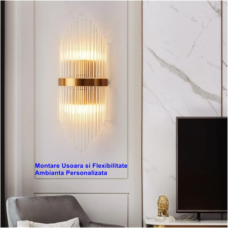 Aplica de Perete,  pentru Interior, din Otel Inoxidabil si Sticla, LED, Auriu, 45x18 cm