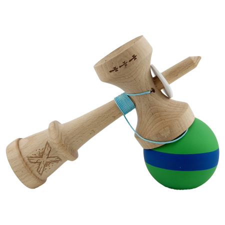 Kendama X Originala, Profesionala, Cyrax, Cupe Mari KING SIZE V3, Rubber Grip, Gaura in Baza, Rulment Metalic, din lemn 18 cm, Ata 62/65 cm, M Verde/Albastru/Verde