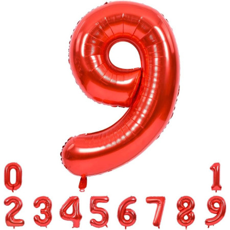 Balon din Folie Metalizata Cyrax, Figurina Cifra, Tema Aniversare 80 cm, Ambalaj Individual, Pai inclus, Umflare cu Aer sau Heliu, Rosu, Cifra 9