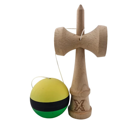 Kendama X Originala, Profesionala, Cyrax, din Lemn, Rubber Grip, 18 cm, Galben/Negru/Verde