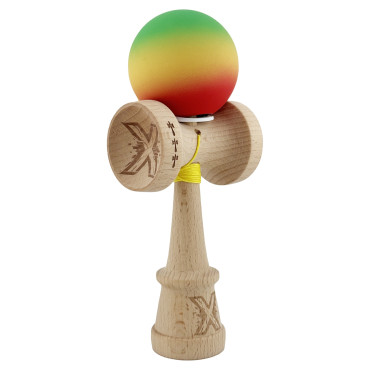 Kendama X Originala, Profesionala, Cyrax, Cupe Mari KING SIZE V3, Rubber Grip, Gaura in Baza, Rulment Metalic, din lemn 18 cm, Ata 62/65 cm, Gradient Verde/Galben/Rosu