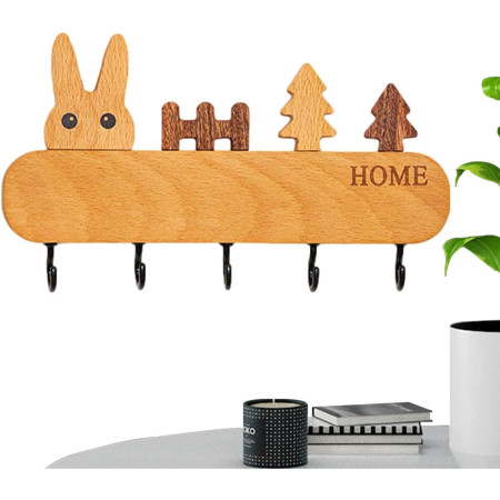 Suport pentru Chei,  din Lemn, Aplicare fara Perforare, Adeziv Inclus, 5 Carlige Negre, Model Iepure, Greutate Suportata 5 kg, 13.5 x 22 cm, Maro