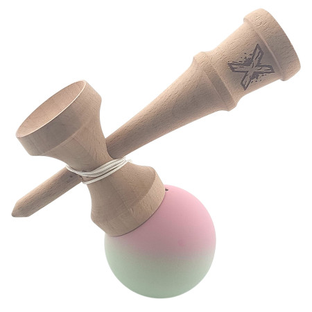 Kendama X Originala, Profesionala, Cyrax, din Lemn, Rubber Grip, 18 cm, Roz/Verde