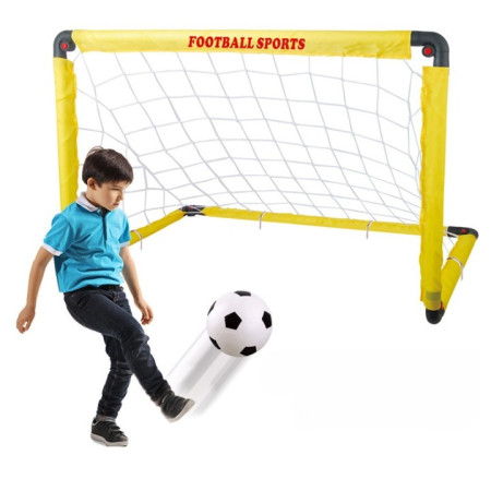 Set Poarta de Fotbal pentru Copii, Cyrax, 60x90 cm, Minge, Cartonase, Pompa, Fluier, Interactiv, Distractiv, Galben