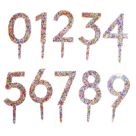 Decoratiune Topper pentru Tort, Cyrax, din Acrilic cu Fulgi de Sclipici, Model Cifra 2, Inaltime 18.5 cm, Transparent Multicolor