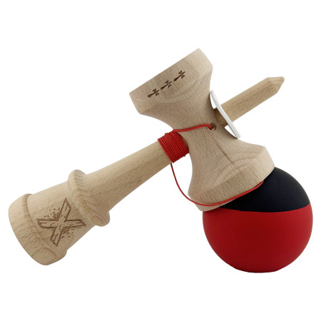 Kendama X Originala, Profesionala, Cyrax, Cupe Mari KING SIZE V3, Rubber Grip, Gaura in Baza, Rulment Metalic, din lemn 18 cm, Ata 62/65 cm, Bicolor Negru/Rosu