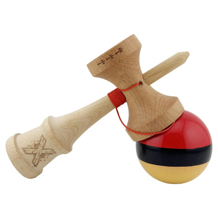 Kendama X Originala, Profesionala, Cyrax, Big Cups V2, Super Sticky cu Cupe Mari, Rulment Metalic, din lemn 18 cm, Ata 55 cm, Rosu/Negru/Galben