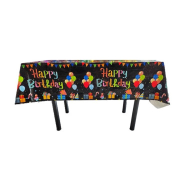 Fata de Masa, Cyrax, din Folie, Imprimeu Happy Birthday cu Baloane, 137 x 183 cm, Negru