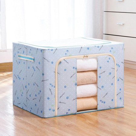 Cutie de Depozitare Pliabila,  100 L, din Tesatura Oxford, 60x42x40 cm, Fereastra Frontala, 2 Usi de Acces cu Fermoar Bidirectional, Cadru Metalic, Suport Baza Stabil din Plastic, Imprimeu Cirese, Albastru