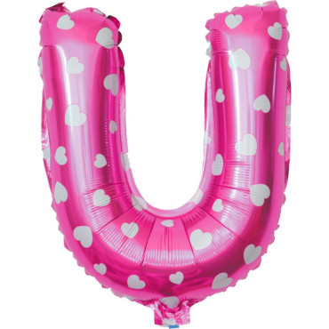 Balon Folie Metalizata Litera U, Cyrax, 40 cm, Cu Imprimeu Inimioare, Umflati cu Heliu sau Aer, Ambalaj Individual, Pai inclus, Roz