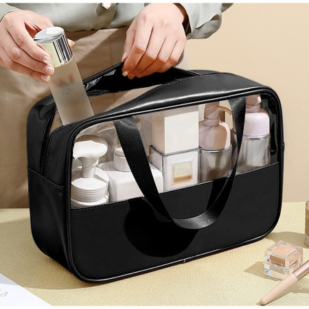 Geanta cosmetice Cyrax, pentru voiaj sau organizare, material PVC/textil, impermeabila, portabila, 26 x 15 x 10 cm, negru