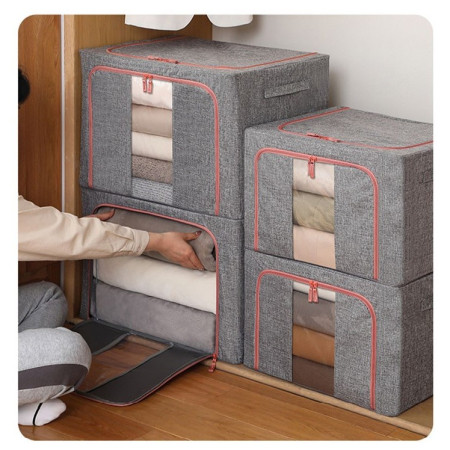 Cutie de depozitare pliabila,  Cu fermoar, 100 L, Textil, 60x42x40 cm, Cadru Metalic, Suport Baza Stabil din Plastic, Gri, Cu doua ferestre