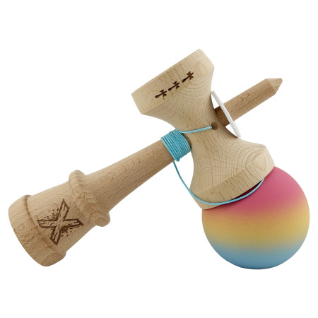 Kendama X Originala, Profesionala, Cyrax, Cupe Mari KING SIZE V3, Rubber Grip, Gaura in Baza, Rulment Metalic, din lemn 18 cm, Ata 62/65 cm, Gradient Roz/Galben/Albastru deschis