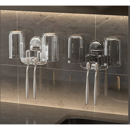 Suport Multifunctional Dublu, Pahar si Suport pentru Periuta de Dinti,  Plastic, 11 cm x 11.5 cm, Transparent