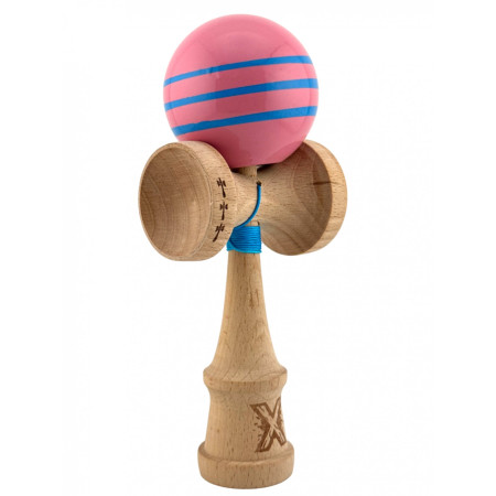 Kendama X Originala, Profesionala, Cyrax, Big Cups V2, Super Sticky Legendary Cupe Mari, Rulment Metalic cu Ata 55 cm, Roz/Linii Albastre deschise