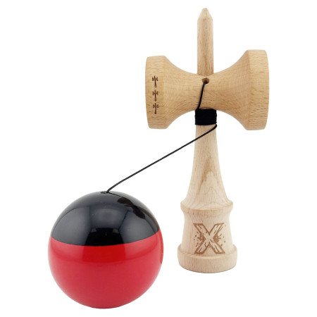 Kendama X Originala, Profesionala, Cyrax, Big Cups V2, Super Sticky cu Cupe Mari, Rulment Metalic, din lemn 18 cm, Ata 55 cm, Negru/Rosu