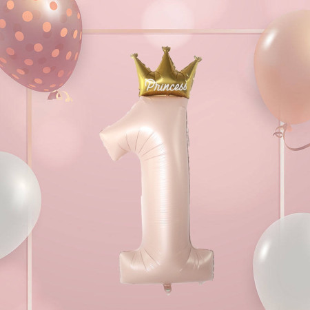Balon din Folie Metalizata, Cyrax, Figurina Cifra 1, Model Coroana Printesa, 91 cm, Ambalaj Individual, Pai inclus, Umflare cu Aer sau Heliu, Roz