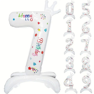Balon din Folie Metalizata, Cyrax, Figurina Cifra, Model 7 cu Happy Birthday Scris, Tema Aniversare 81 cm, Ambalaj Individual, Pai Inclus, Umflare cu Aer sau Heliu, Alb