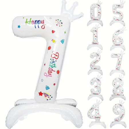 Balon din Folie Metalizata, Cyrax, Figurina Cifra, Model 7 cu Happy Birthday Scris, Tema Aniversare 81 cm, Ambalaj Individual, Pai Inclus, Umflare cu Aer sau Heliu, Alb