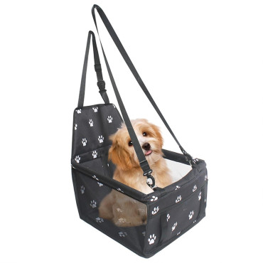Suport pentru Animalele de Companie,  pentru Masina, cu Prindere de Scaun si Centura de Siguranta, Negru cu Imprimeu, 40x32x42cm