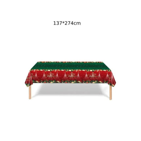 Fata de Masa Festiva, Cyrax, Dreptunghiulara, Imprimeu Merry Christmas, Tema Craciun, Rezistenta la Apa, din PVC, 137 x 274 cm, Rosu/Verde