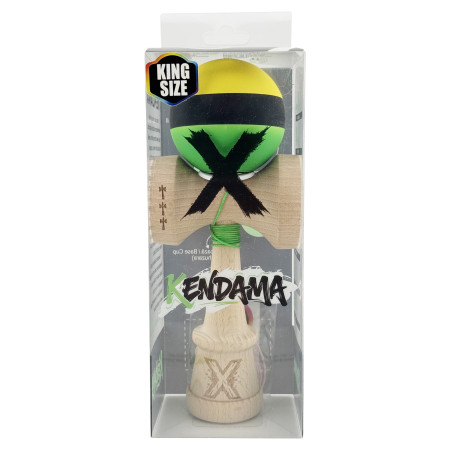 Kendama X Originala, Profesionala, Cyrax, Cupe Mari KING SIZE V3, Rubber Grip, Gaura in Baza, Rulment Metalic, din lemn 18 cm, Ata 62/65 cm, M Galben/Negru/Verde