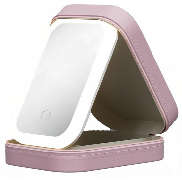 Portfard, Cyrax, Geanta Cosmetice, cu Oglinda LED, 3 Moduri de Lumina, Incarcare USB, Baterie 1200 mAh, pentru Organizarea Cosmeticelor, 4 Compartimente, Imitatie Piele, Roz, 16.5x11.5x6 cm