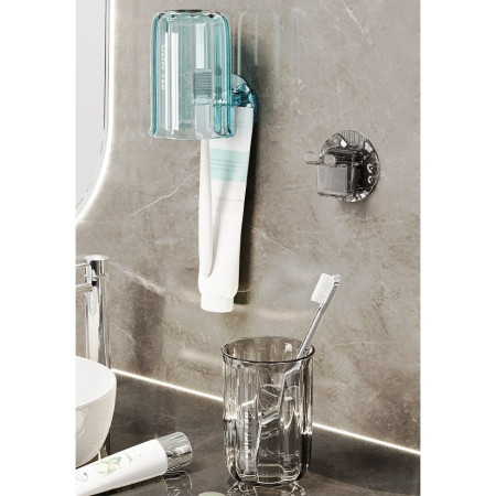 Suport Multifunctional 2 in 1, Pahar si Suport pentru Periuta de Dinti,  Plastic, Dimensiune: 10.4 x 7.3 x 7.3 cm, Maro Galbui