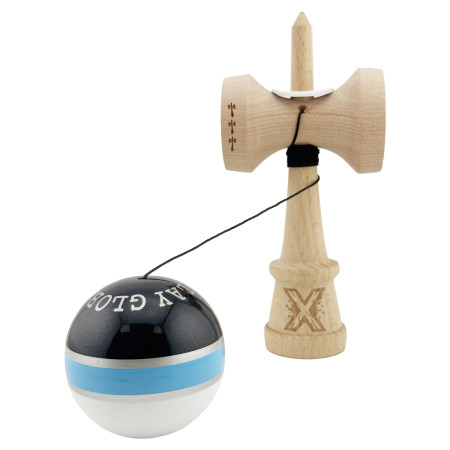Kendama X Originala ROYAL SPIKE, Profesionala, Cyrax, Cupe Mari KING SIZE V3, Super Sticky, Gaura in Baza, Rulment Metalic, din lemn 18 cm, Ata 55 cm, Inel Albastru deschis