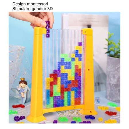 Joc de inteligenta Tetris puzzle tangram Cyrax, 70 de piese multicolore, 3D, montessori, interactiv, din plastic, zar inclus, sac depozitare piese, varsta peste 6 ani, 23 x 19.8 x 5 cm, cadru galben