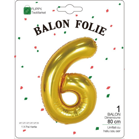 Balon din Folie Metalizata Cyrax, Figurina Cifra, Tema Aniversare 80 cm, Ambalaj Individual, Pai inclus, Umflare cu Aer sau Heliu, Auriu, Cifra 6