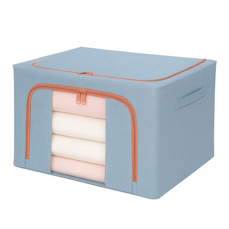 Cutie de Depozitare Pliabila,  66 L, din Bumbac si In, 50x40x33 cm, Fereastra Frontala Transparenta, 2 Usi de Acces cu Fermoar Bidirectional, Cadru Metalic, Suport Baza Stabil din Plastic, Bleu