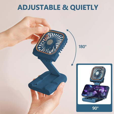Ventilator Portabil  3 in 1, de Mana, de Gat, de Birou, 16.7 x 8 x 1.9 cm, 3 Trepte de Viteza, Incarcare USB, Pliabil, Afisaj Digital, Suport Telefon, Albastru