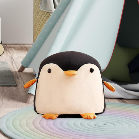 Taburet Pentru Copii, Cyrax, Cadru din Lemn Masiv, 25 x 29 x 29 cm, Perna de Burete Elastica si Maner de Transport, in Forma de Pinguin, Negru