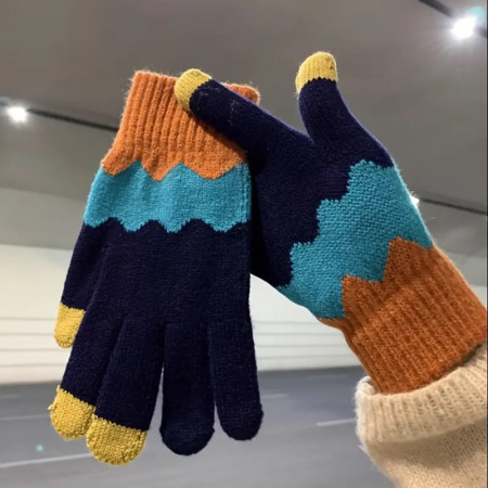 Manusi de Dama,  Model Ondulat, Functie Touchscreen (ecran tactil), Material Acril Tricotat, Manseta Elastica, Interior Catifelat, Marime Universala, Portocaliu/Albastru