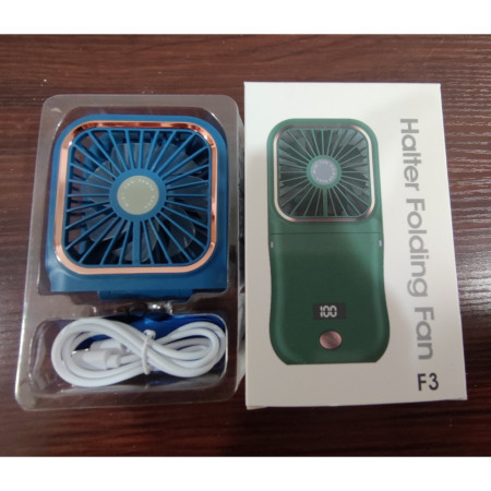 Ventilator Portabil  3 in 1, de Mana, de Gat, de Birou, 16.7 x 8 x 1.9 cm, 3 Trepte de Viteza, Incarcare USB, Pliabil, Afisaj Digital, Suport Telefon, Albastru