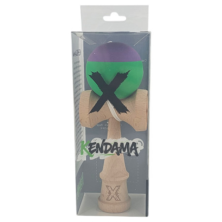 Kendama X Originala, Profesionala, Cyrax, din Lemn, Rubber Grip, 18 cm, Verde/Mov