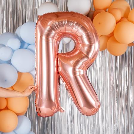 Balon Folie Metalizata Litera R, Cyrax, 100 cm, Umflati cu Heliu sau Aer, Ambalaj Individual, Pai inclus, Rose Gold