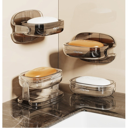 Savoniera cu Suport 2 in 1,  Pentru Perete sau Blat, PET, Scurgere Optima, GriTransparent