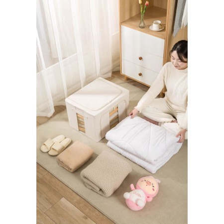 Cutie de Depozitare Pliabila,  Cu Fereastra si Fermoar Dublu, 66 L, Textil Premium, 50x40x33 cm, Cadru Metalic, Impermeabila, Bej