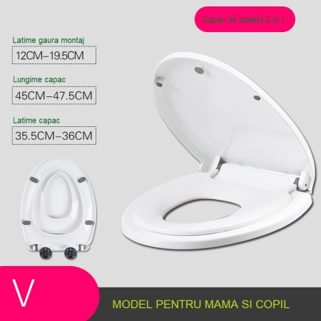 Capac de Toaleta cu Reductie 2 in 1, Cyrax, pentru Copii si Adulti, Coborare Lenta si Silentioasa, Instalare Usoara, din PP5 , in Forma de V, Alb