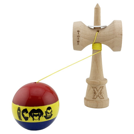 Kendama X Originala, Profesionala, Cyrax, Tricolor Edition Vampir Dracula, Super Sticky cu Cupe Mari KING SIZE V3, Rulment Metalic si Gaura in Baza, din Lemn 18 cm, Ata 62/65 cm, Multicolor