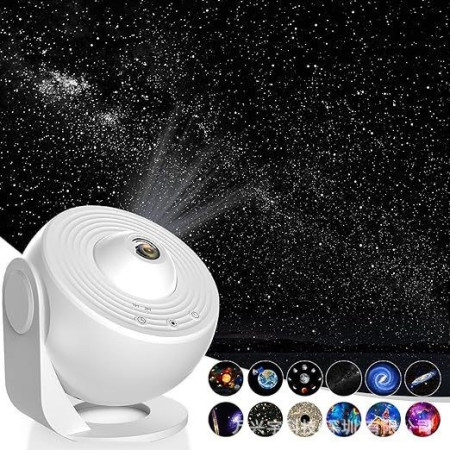 Lampa Tip Proiector Galaxie,  pentru Dormitor, Tematica Cer Instelat, Model Glob, HD, Rotire 360 de Grade, 13 Imagini, Incarcare USB, 5 W, 11.2x10.8x10.9 cm, Alb